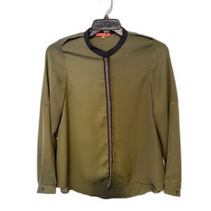 Lulumari Olive Green Button Up Shirt S Braided Shoulder Metallic Trim Boho Top